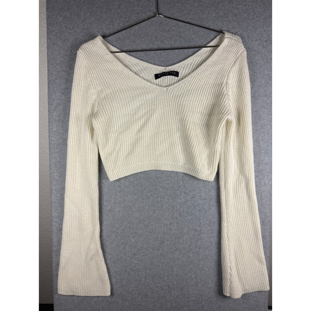 White Fox Boutique Cream Ribbed V-Neck Cropped Knit Sweater Flared Sleeves